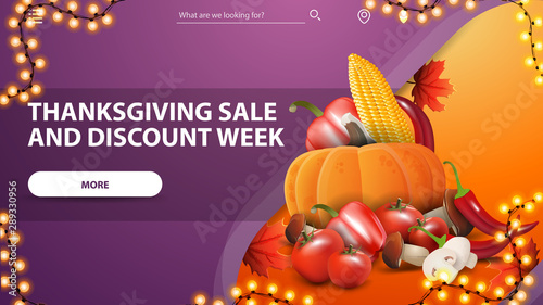Thanksgiving sale and discount week, purple horizontal discount web banner with autumn harvest