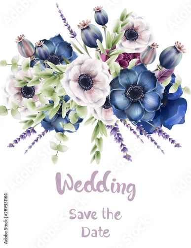 Wild forest flowers bouquet card vector watercolor. Isolated background. Prov...