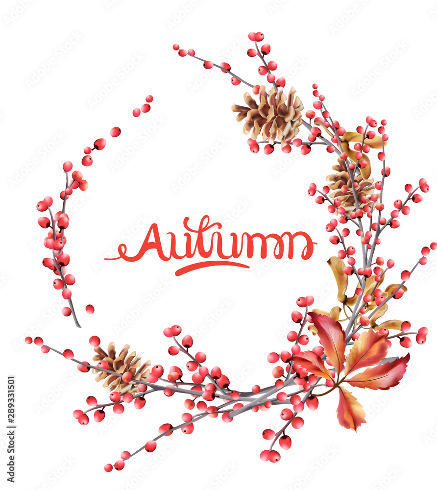 Autumn wild berries wreath greeting card vector watercolor. Isolated background. Provence flowers banner