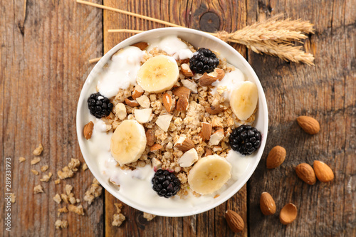 muesli with yogurt and fruits photo