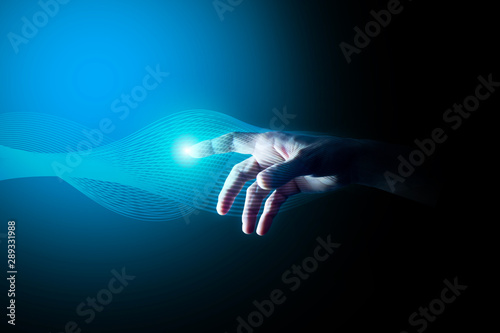 Vászonkép dito, mano, tecnologia, buio, luce, illuminata,