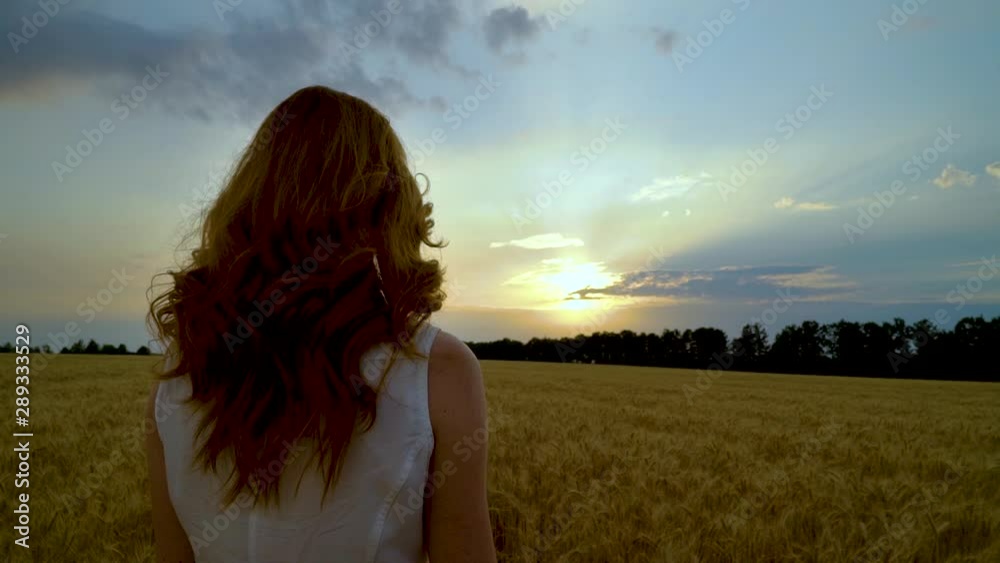 Red haired girl observing sunset in wheat field Red haired girl observing sunset in wheat field