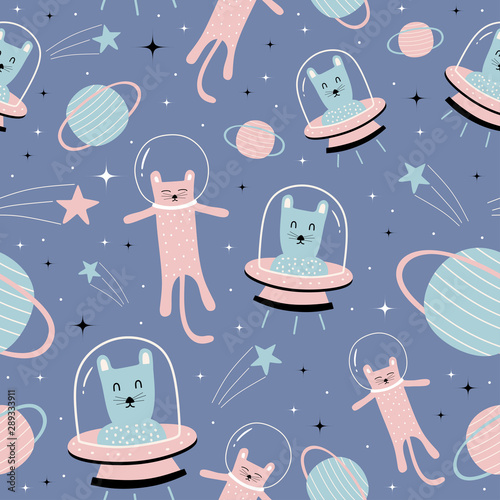 Cute cats seamless pattern with funny alien in space theme. Stars, planet, and meteor during the night. Background nursery for kids and baby fashion textile print. Adventure children drawing colorful © ngupakarti