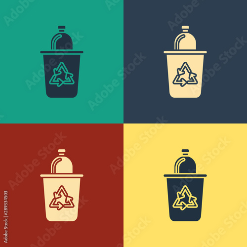 Color Recycle bin with recycle symbol icon isolated on color background. Trash can icon. Garbage bin sign. Recycle basket sign. Vintage style drawing. Vector Illustration