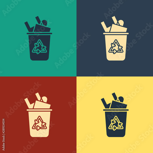 Color Recycle bin with recycle symbol icon isolated on color background. Trash can icon. Garbage bin sign. Recycle basket sign. Vintage style drawing. Vector Illustration
