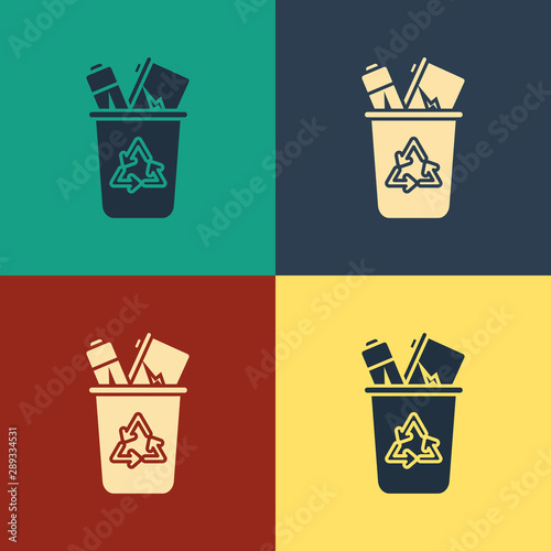 Color Recycle bin with recycle symbol icon isolated on color background. Trash can icon. Garbage bin sign. Recycle basket sign. Vintage style drawing. Vector Illustration