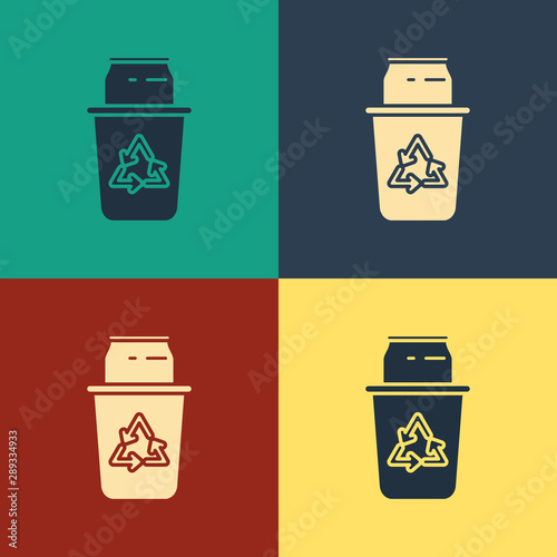 Color Recycle bin with recycle symbol and can icon isolated on color background. Trash can icon. Garbage bin sign. Recycle basket sign. Vintage style drawing. Vector Illustration
