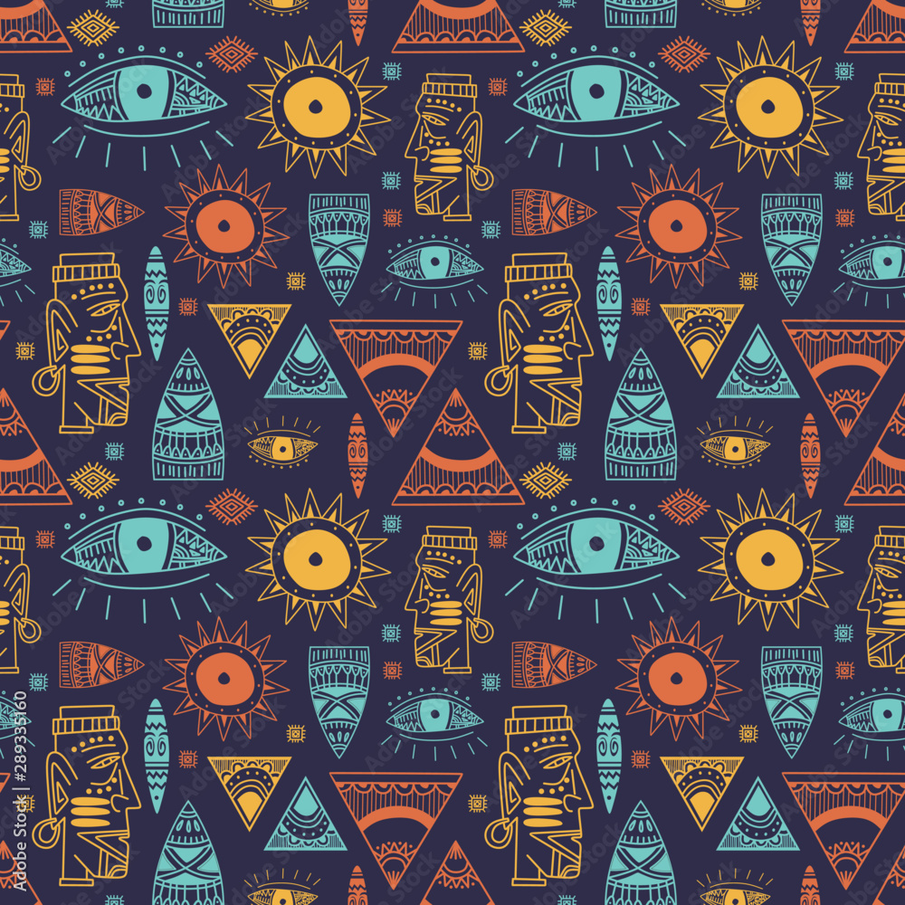 Trendy african maya seamless pattern with doodle hand drawn ancient objects. Vector illustration ready for fashion textile print.