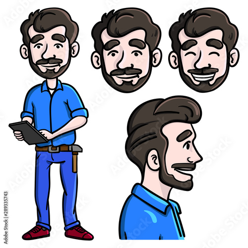artisan character cartoon character. whole body, upper body, emotions, set, illustration, blue.