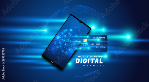 Internet banking concept. Mobile phone banner. Online payment, transaction via credit card. Wireless pay through phone. Digital technology transfer pay.