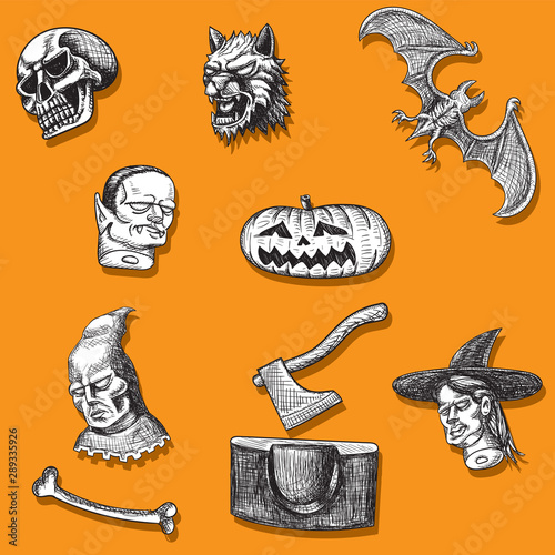 Happy Halloween. Set of hand drawn hand icons head vampire pumpkin werewolf the executioner the ax chopping block bone skull isolated on orange background. Vector image.