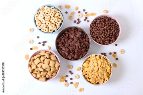 breakfast cereals on a light background top view.