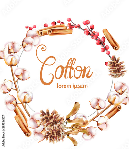 Cotton, cinnamon and berries autumn wreath bouquet card vector watercolor. Is...