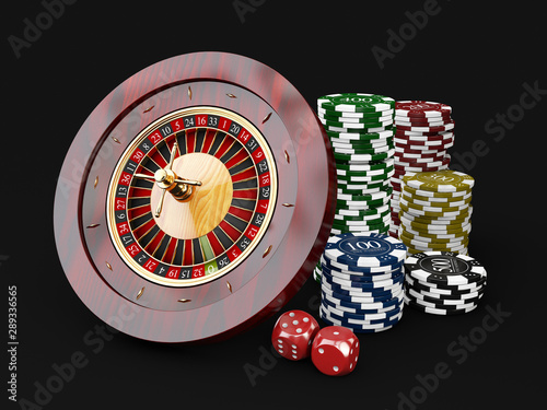 Casino chips stacks with roulette and dice. 3d Illustration on black background photo