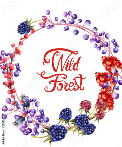 Wild forest flowers and fruits wreath bouquet card vector watercolor. Isolate...