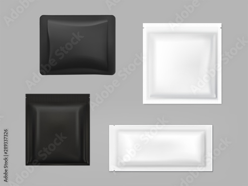Blank white, black plastic, foil or polythene sachets for wet wipes, sauce or seasonings, shampoo samples isolated, 3d realistic vector illustration set. Food, cosmetics product packaging template