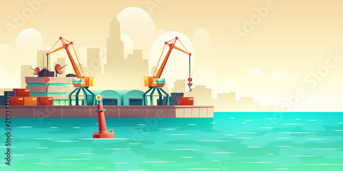 Metropolis cargo seaport with freight cranes on shore, loading, unloading containers, warehouse hangars, terminal control center building cartoon vector illustration. Maritime transport infrastructure