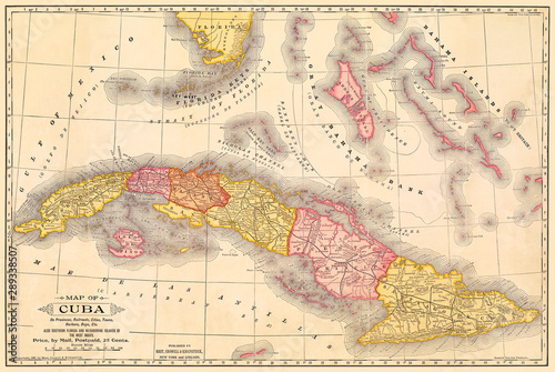 Fotografie, Obraz Cuba Antique Map at about the time of the Spanish-American War, 1897