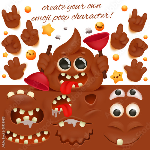 Creation set of cartoon poo emoticon 3d kawaii character. Diy collection.