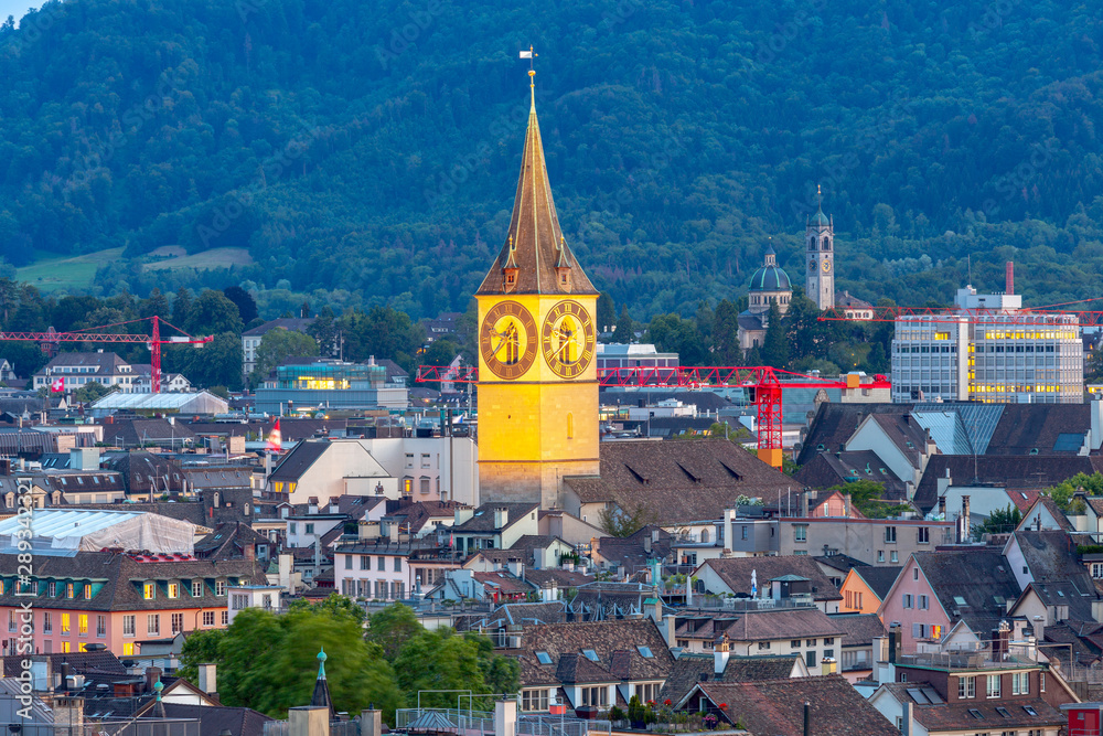 Naklejka premium Zurich. Aerial view of the city in night lighting.