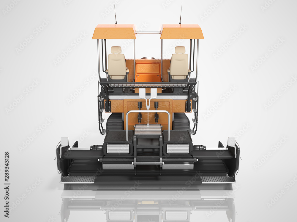 Construction machinery orange paver to create road 3d render on gray background with shadow