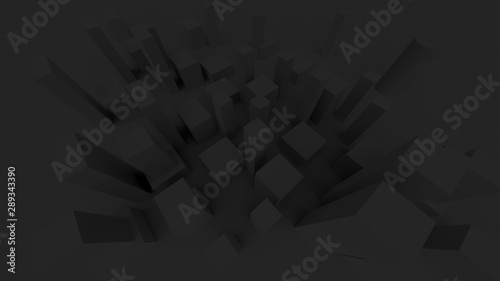 dark gray background architecture. wallpaper and textures. 3d illustration of extruded cubes as stylized buildings.