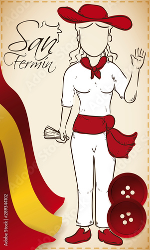 Flag, Buttons and Traditional Women Clothes for San Fermin Festival, Vector Illustration