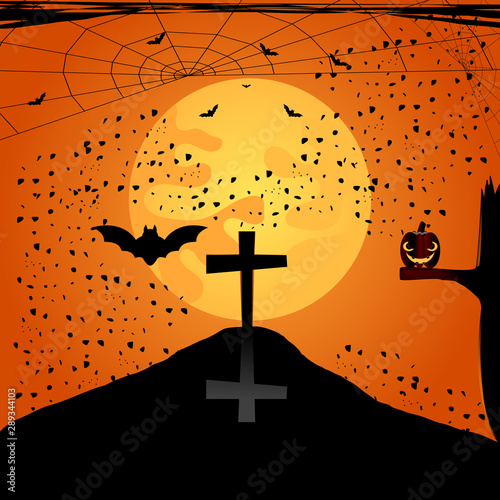 Halloween night orange background pumpkins with full Moon and tomb