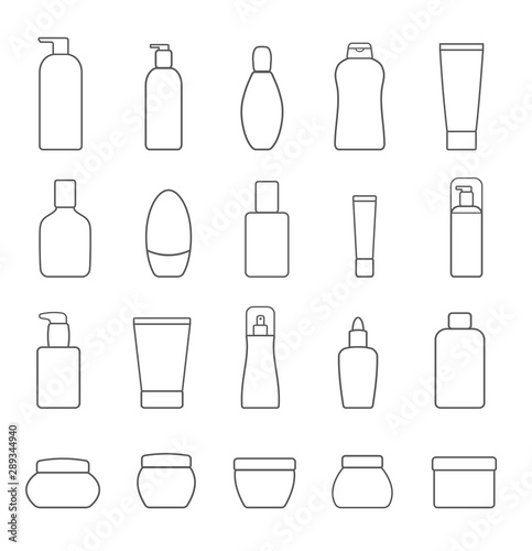 Set of different cosmetic products. Isolated on white background. Modern thin line icons for Web and Mobile.  Vector illustration.