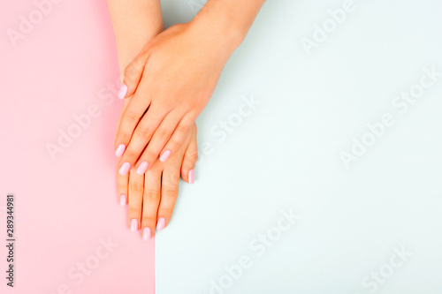 Stylish fashionable female manicure with a plain color. Hands of a beautiful young woman on a pink and blue background.