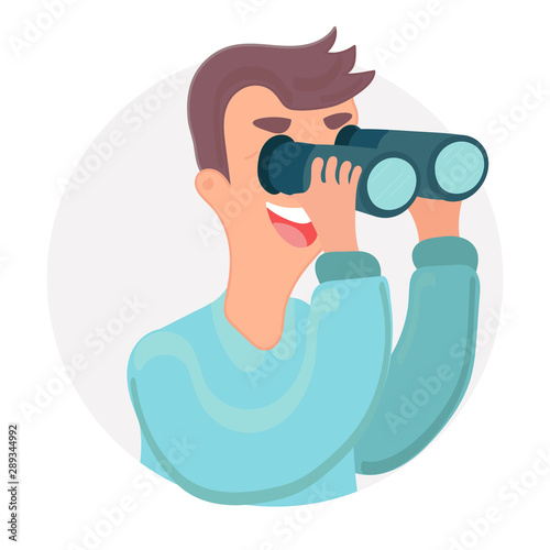 Young handsome guy with binoculars. Business concept in vision and leadership. Travel concept.