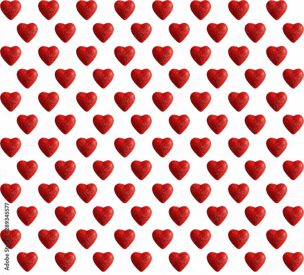 Seamless pattern, plastic hearts on white background. Top view, valentines love concept. Seamless pattern, plastic hearts on white background. Top view, valentines love concept.
