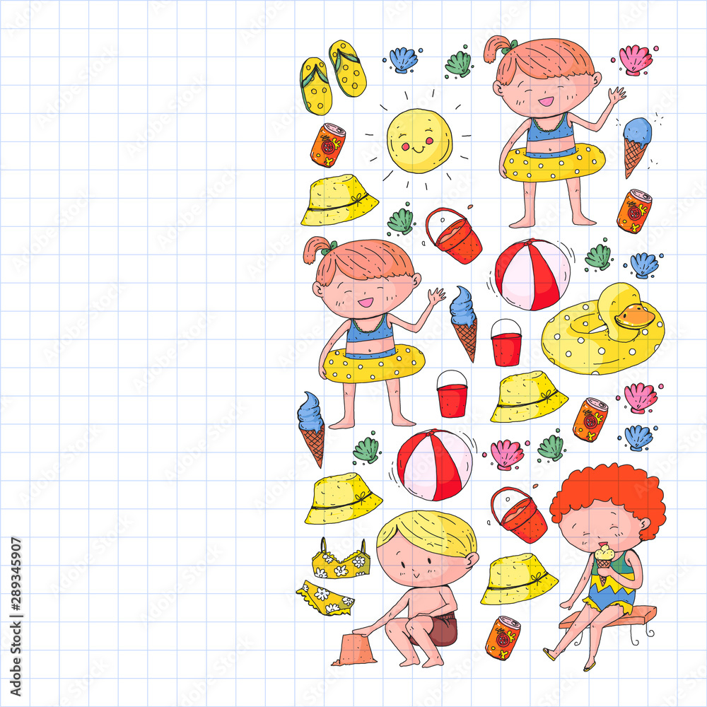 Children summer vacation. Holidays with little kids. Sea, beach and ocean. Travel and adventure vector pattern. Children summer vacation. Holidays with little kids. Sea, beach and ocean. Travel and adventure vector pattern.