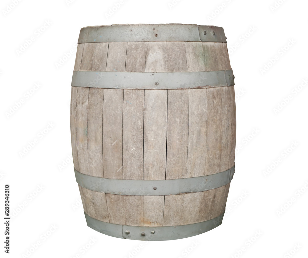 Obraz premium Wooden barrel with metal hoops isolated on white background with clipping path