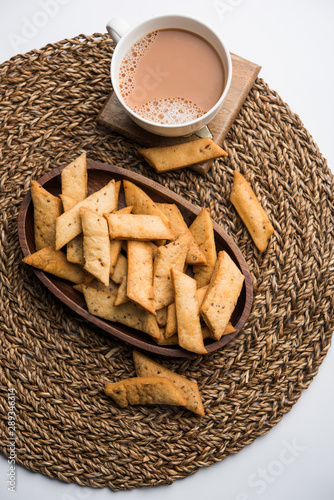 Namakpare or Salty Shakarpara/shakarpare or namkeen Shankarpali, popular diwali food or tea-time snack from Gujarat, India photo