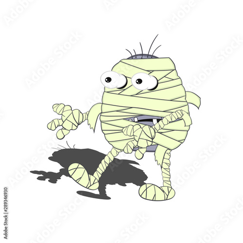 Funny little cartoon mummy on a white background with shadow. Illustration for halloween.