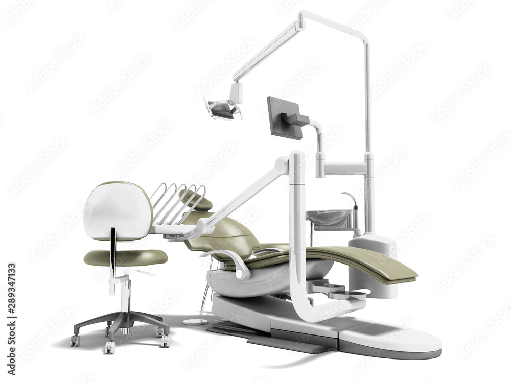 Dental unit olive chair doctor dentist and assistants chair 3d render on white background with shadow