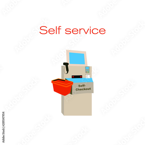 Vector concept illustration on Self Checkout shop cashier. Self service cash desk design illustration with cash machine, plastic card 