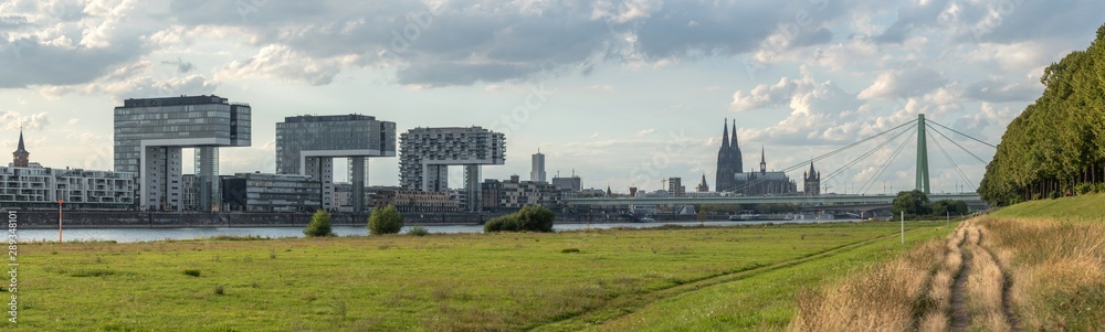 high resolution panoramic skyline view of the rhine shore in cologne with meadow and footpath in the foreground and crane houses with cathedral in the back on a sunny day in september