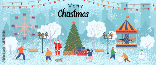 Merry Christmas greeting card. Winter in the park with people, a Christmas tree with gifts, a carousel horses, ferris wheel, snowman and santa claus. Vector flat cartoon illustration.