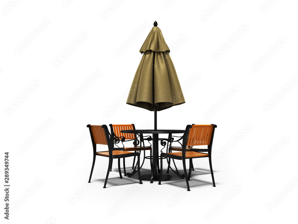 Closed umbrella for restaurant on central pillar with round table 3D render on white background with shadow Closed umbrella for restaurant on central pillar with round table 3D render on white background with shadow
