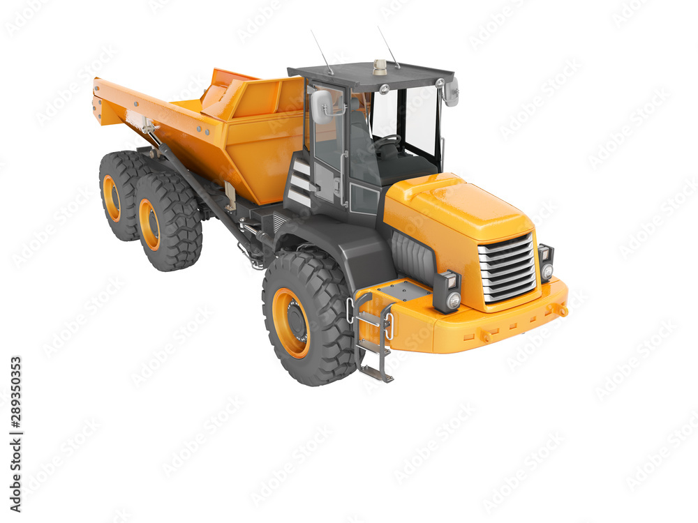 Construction machinery orange quarry truck for transportation of large stones 3D render on white background no shadow
