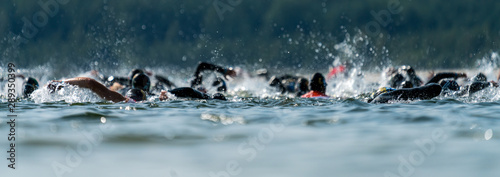 Triathletes swimming in a lake at a triathlon competition