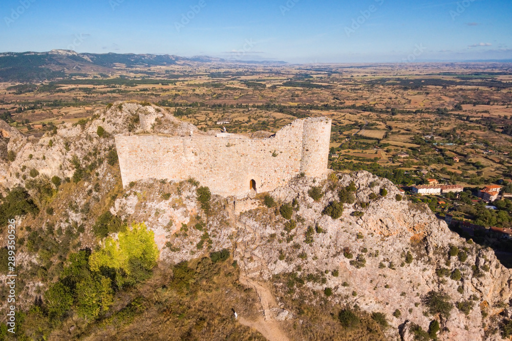  Aerial view of ancient ruins of Poza de la Sal castle in Burgos, Castile and Leon, Spain .