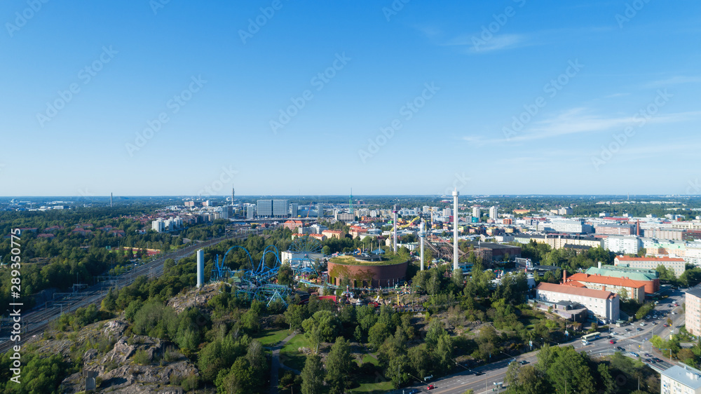 Helsinki city. Aerial view of Linnanmaki amusement park. Sunny summer day. Capital city. Finland