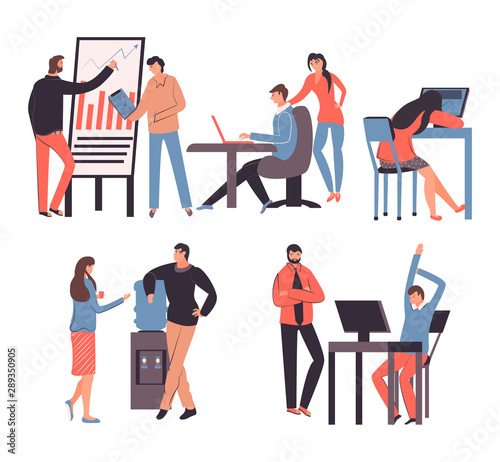 set of office worker workgroup workflow businessmen and businesswomen icons set isolated vector illustration