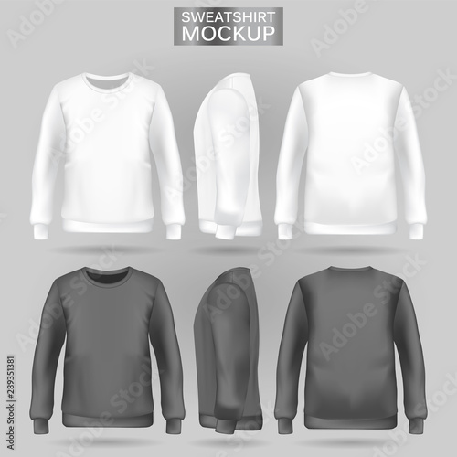 Blank men's white and gray sweatshirt in front, back and side views. Vector illustration. Realistic male clothes for sport and urban style