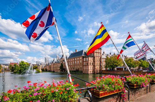 Flags of the Dutch provinces at the Hofvijver in The Hague, The Netherlands. photo