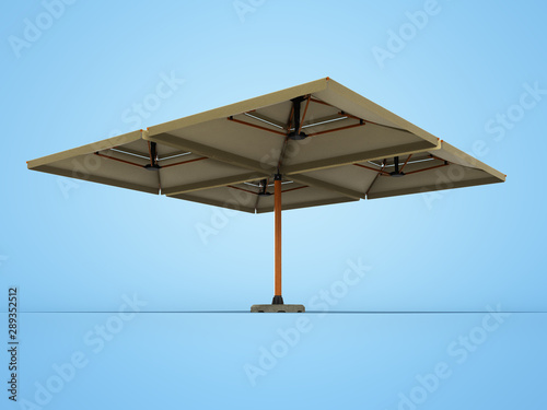 Concept of large umbrella for restaurant on central support 3D render on blue background with shadow © Marianna