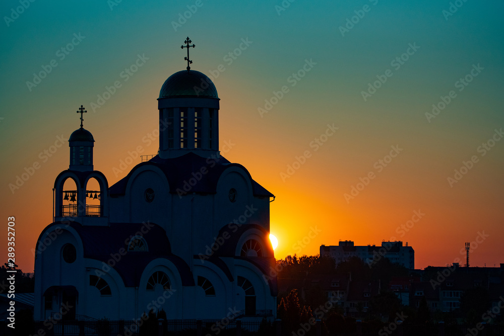 The small church in the sky at dawn.Photographed close-up.